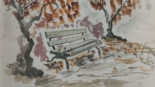 Aquarelle, banc en automne sous arbres