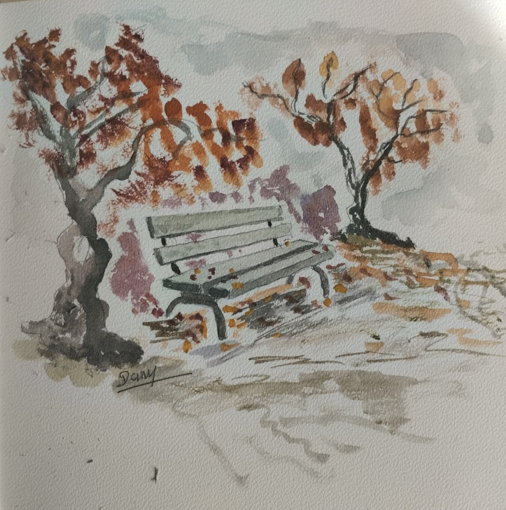 Aquarellevieux banc en automne